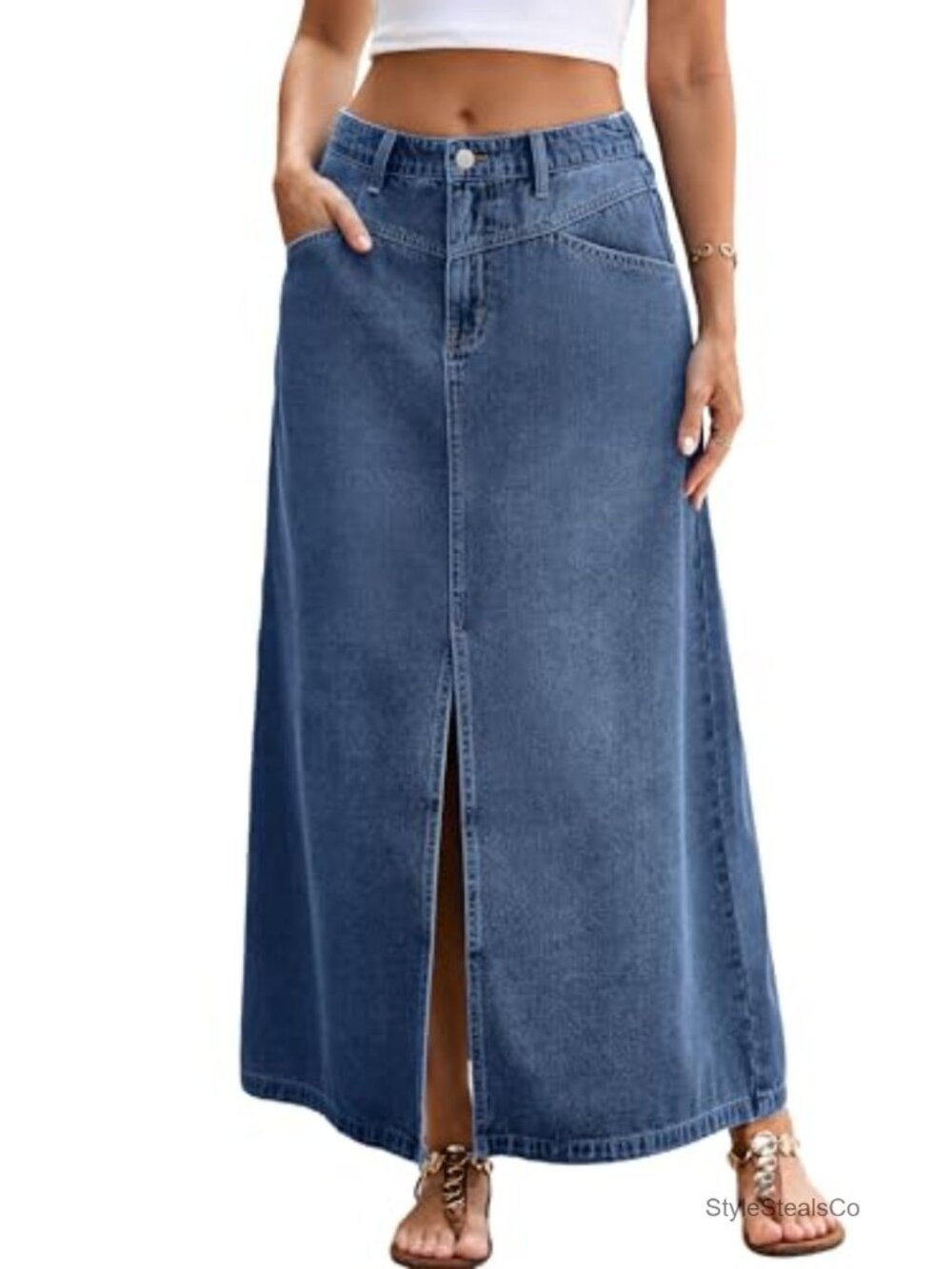 High Waisted A-Line Denim Maxi Skirt Slit Pockets